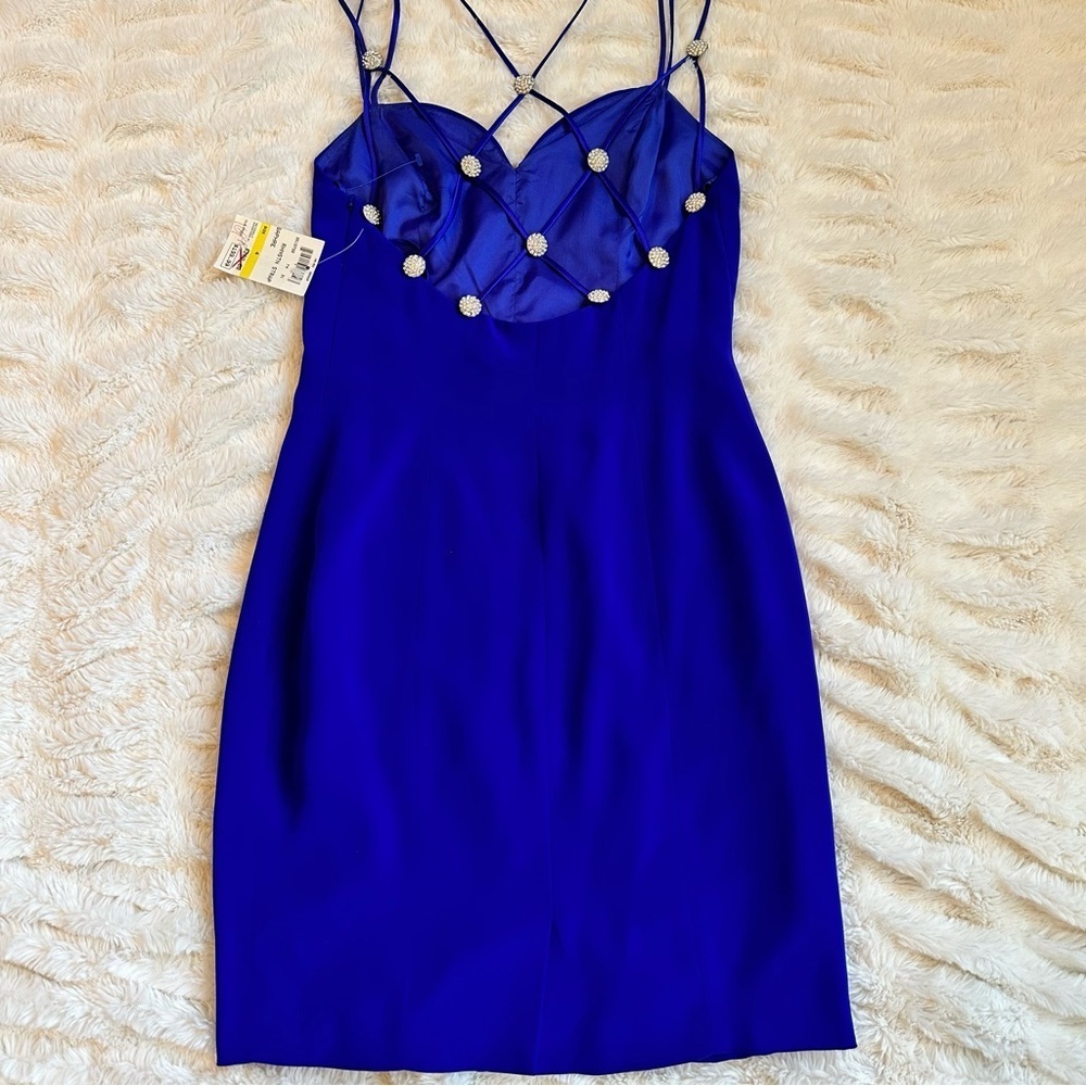 Vintage NITELINE Della Rougogali Sapphire Rhinestone Strap Open Back Mid Dress 4